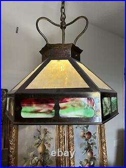 Lovely Early 20th c. Multi Color Octagonal Ceiling Slag Glass Lamp Chandelier