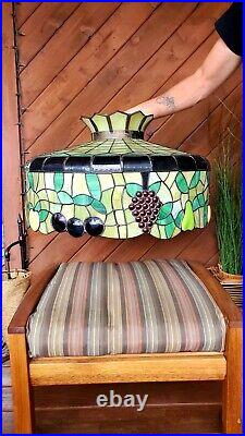 MASSIVE 25 Vintage Large Slag Stained Glass with Fruits Lamp Shade Light Fixture