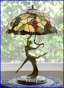 MID Century Art Deco Dancing Lady Lamp With Tiffany Style Slag Glass Shade