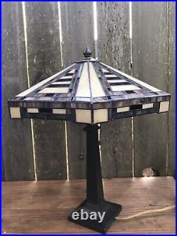 MISSION STAINED GLASS LAMP Vintage Metal Base 2 Bulb Slag Tiffany Style Chain