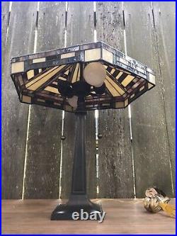 MISSION STAINED GLASS LAMP Vintage Metal Base 2 Bulb Slag Tiffany Style Chain
