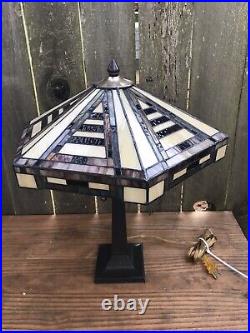 MISSION STAINED GLASS LAMP Vintage Metal Base 2 Bulb Slag Tiffany Style Chain
