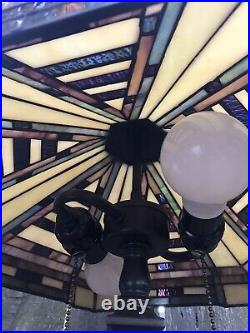 MISSION STAINED GLASS LAMP Vintage Metal Base 2 Bulb Slag Tiffany Style Chain