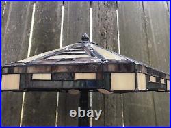 MISSION STAINED GLASS LAMP Vintage Metal Base 2 Bulb Slag Tiffany Style Chain