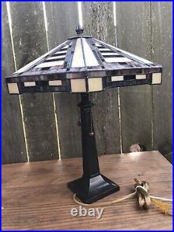 MISSION STAINED GLASS LAMP Vintage Metal Base 2 Bulb Slag Tiffany Style Chain
