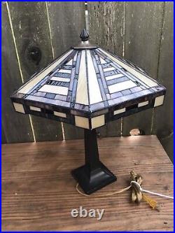 MISSION STAINED GLASS LAMP Vintage Metal Base 2 Bulb Slag Tiffany Style Chain
