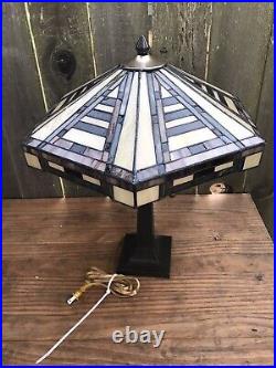 MISSION STAINED GLASS LAMP Vintage Metal Base 2 Bulb Slag Tiffany Style Chain