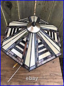 MISSION STAINED GLASS LAMP Vintage Metal Base 2 Bulb Slag Tiffany Style Chain