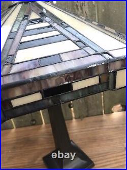 MISSION STAINED GLASS LAMP Vintage Metal Base 2 Bulb Slag Tiffany Style Chain