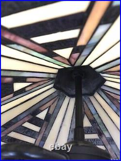 MISSION STAINED GLASS LAMP Vintage Metal Base 2 Bulb Slag Tiffany Style Chain