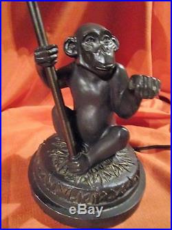 Monkey Ape Lamp Dark Brass Finish Stained Slag Glass Umbrella Shade 18 Vintage