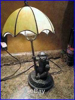 Monkey Ape Lamp Dark Brass Finish Stained Slag Glass Umbrella Shade 18 Vintage