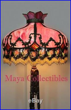 Magnificent Antique Vintage Pink Slag Glass Hanging Lamp Shade Beaded Fringes