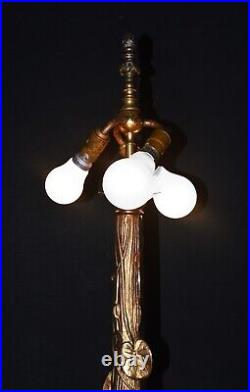 Manner of Bradley & Hubbard 6 curved panel 3 light arms Vintage slag glass lamp