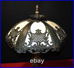 Manner of Bradley & Hubbard 6 curved panel 3 light arms Vintage slag glass lamp