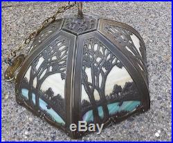 Massive Vintage Scenic Slag Glass Panel Ceiling Stained Lamp Signed