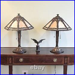 Matched Pair Bradley and Hbbard Slag Glass Panel Lamps