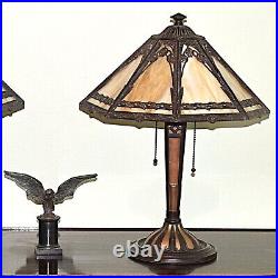 Matched Pair Bradley and Hbbard Slag Glass Panel Lamps