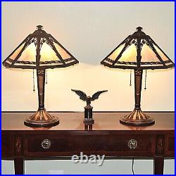 Matched Pair Bradley and Hbbard Slag Glass Panel Lamps