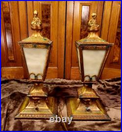 Matched Pair of Antique Slag Glass Mantle Lamps
