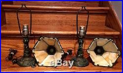 Matching Pair Antique Stained Slag Glass Table Dresser Vanity Lamps Estate Find