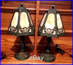 Matching Pair Antique Stained Slag Glass Table Dresser Vanity Lamps Estate Find