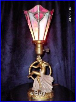Metal Art Deco Lady Woman Figural Boudoir Lamp With Unique Vtg. Slag Glass Shade