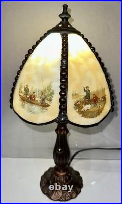Meyda Tiffany Currier & Ives Slag Glass Lamp Catching Trout Duck Shooting Rare