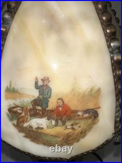 Meyda Tiffany Currier & Ives Slag Glass Lamp Catching Trout Duck Shooting Rare