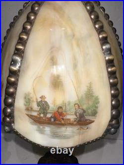 Meyda Tiffany Currier & Ives Slag Glass Lamp Catching Trout Duck Shooting Rare