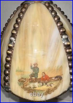Meyda Tiffany Currier & Ives Slag Glass Lamp Catching Trout Duck Shooting Rare