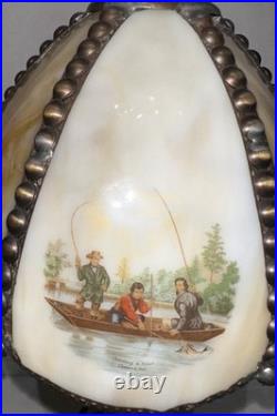 Meyda Tiffany Currier & Ives Slag Glass Lamp Catching Trout Duck Shooting Rare