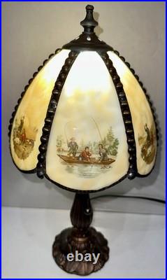 Meyda Tiffany Currier & Ives Slag Glass Lamp Catching Trout Duck Shooting Rare