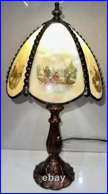 Meyda Tiffany Currier & Ives Slag Glass Lamp Catching Trout Duck Shooting Rare