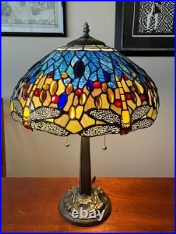 Meyda Tiffany Stained Glass Dragonfly Lamp Slag Glass, Mission Stand 22.5 Tall