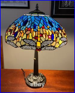 Meyda Tiffany Stained Glass Dragonfly Lamp Slag Glass, Mission Stand 22.5 Tall