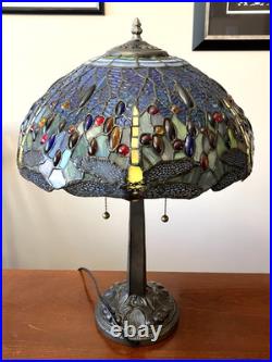 Meyda Tiffany Stained Glass Dragonfly Lamp Slag Glass, Mission Stand 22.5 Tall