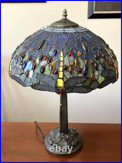Meyda Tiffany Stained Glass Dragonfly Lamp Slag Glass, Mission Stand 22.5 Tall