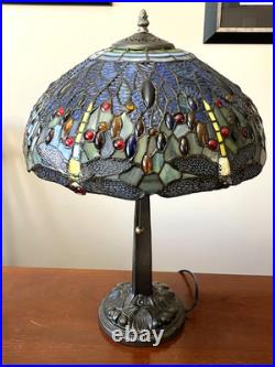 Meyda Tiffany Stained Glass Dragonfly Lamp Slag Glass, Mission Stand 22.5 Tall