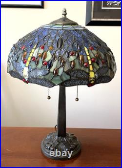 Meyda Tiffany Stained Glass Dragonfly Lamp Slag Glass, Mission Stand 22.5 Tall