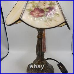 Meyda Tiffany Table Lamp Slag Glass Signed Hand Painted Flowers Brass Tone