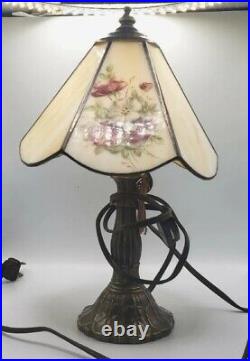 Meyda Tiffany Table Lamp Slag Glass Signed Hand Painted Flowers Brass Tone
