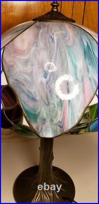 Meyda Tiffany Table Lamp withSlag Glass Shade. Floral Shade withbronze Tree Base. 22