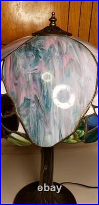 Meyda Tiffany Table Lamp withSlag Glass Shade. Floral Shade withbronze Tree Base. 22