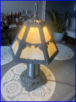 Mid Century Bronze Glass Slag Table Lamp-Crack On One Slag-Not Noticeable