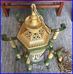 Mid Century HUGE Asian Swag Lamp Hanging Light Slag Glass Cast Iron Chinoiserie