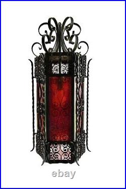 Mid Century Vintage Wrought Iron Spanish Revival Red Glass HANGING Lamp