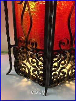Mid Century Vintage Wrought Iron Spanish Revival Red Glass HANGING Lamp