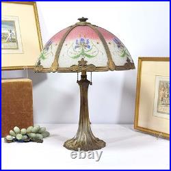 Miller Antique Slag Glass Art Nouveau Reverse Painted Floral Design Table Lamp