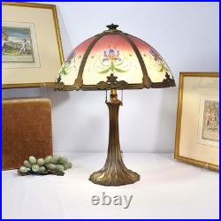 Miller Antique Slag Glass Art Nouveau Reverse Painted Floral Design Table Lamp